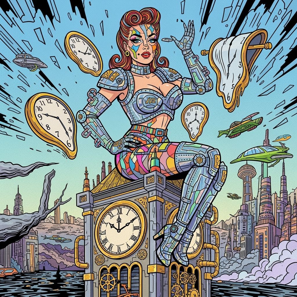 Steampunk Pin-Up Girl on Clock Tower in Pop Art Style