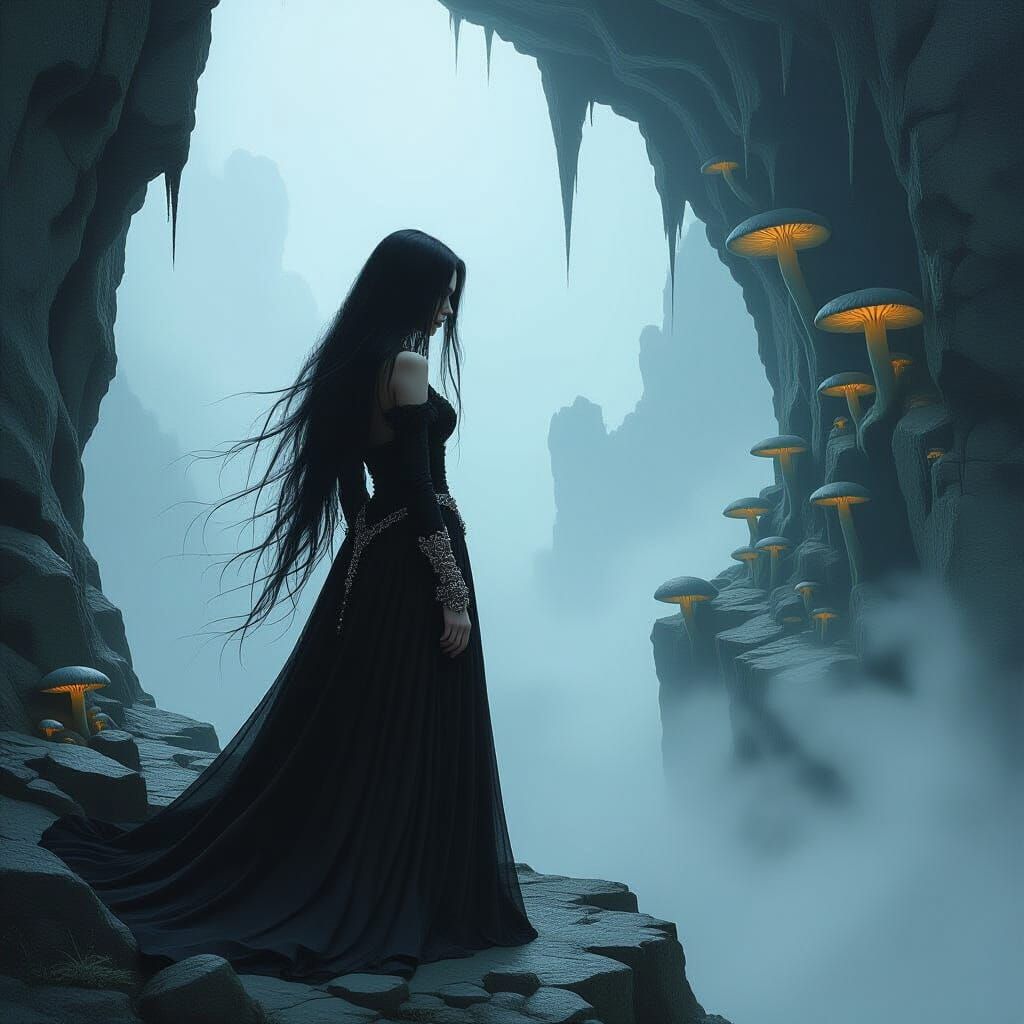 Gothic Woman at Abyss Edge in Beksiński Style