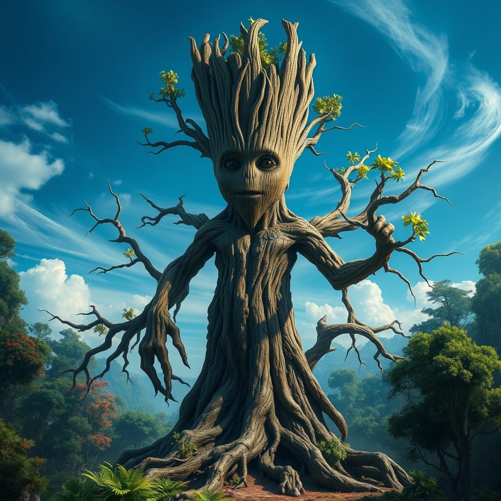 Gnarled Tree-Like Humanoid in Lush Forest Landscape