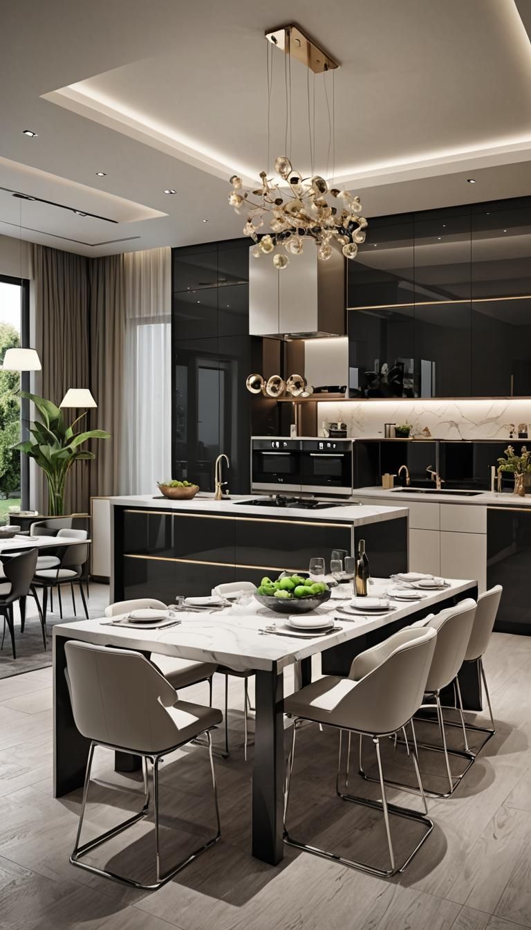 Futuristic Modern Dining Area with Island Kitchen