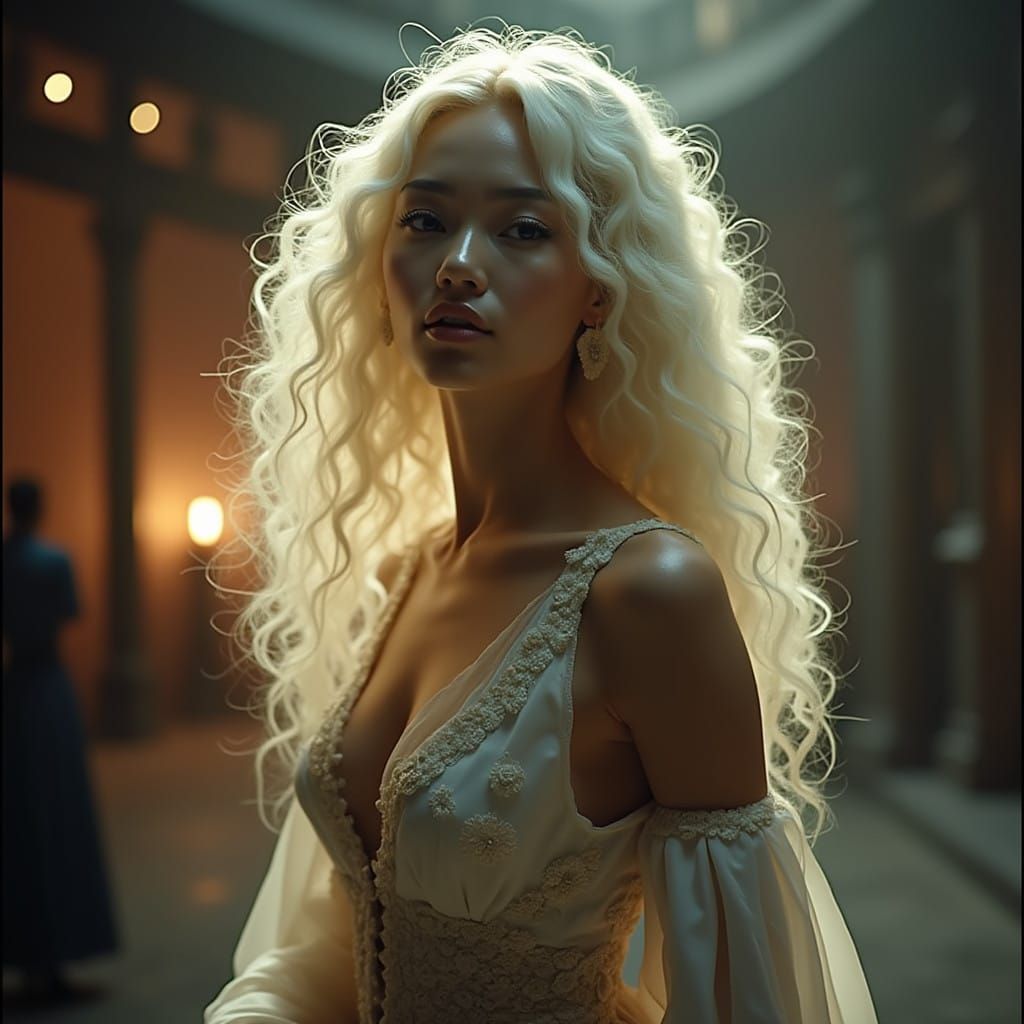 Elegant Asian Woman with White Curly Hair in Cinematic Style