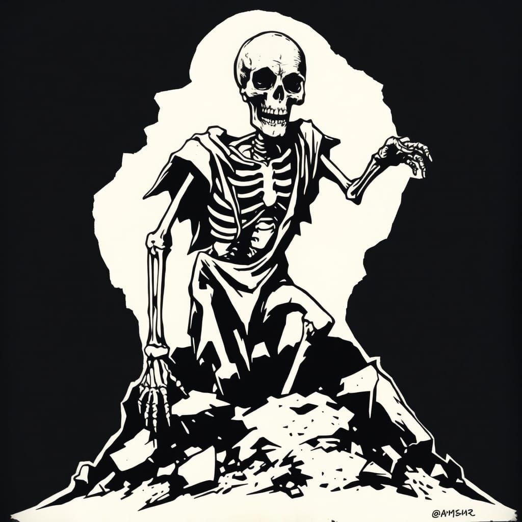 Menacing Skeleton Climbing from Grave, Stencil Art