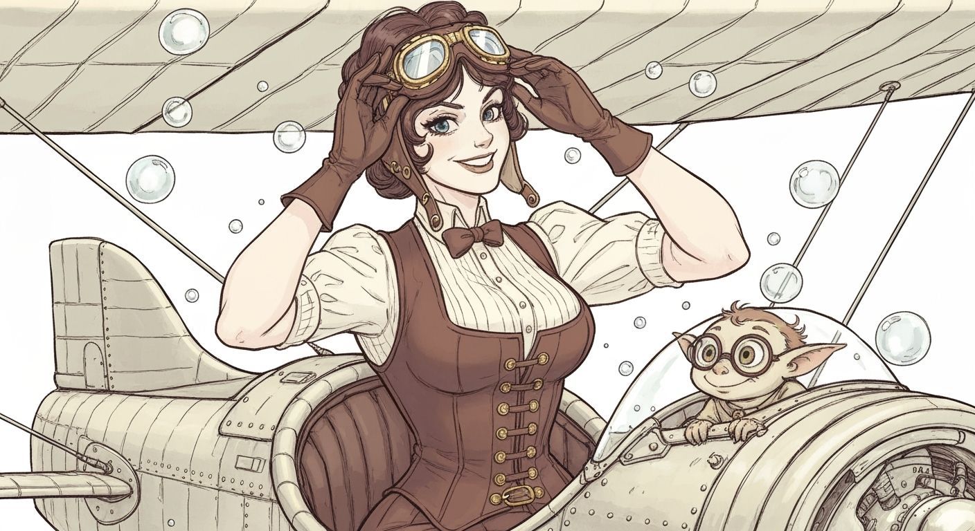 Steampunk Aviatrix in Vintage Aircraft Illustration