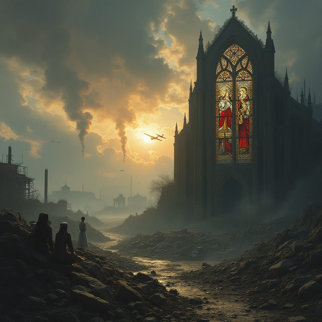 Hope Amidst Ruin: Stained Glass Window in a Bombed Cathedral