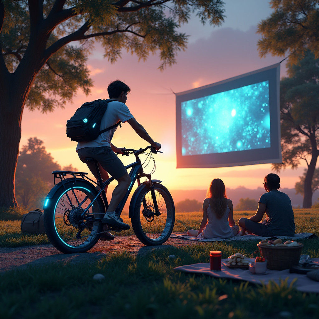 Man Powers Projector with Futuristic Bicycle in Park at Dusk