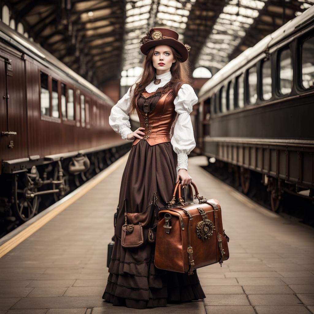 Steampunk Traveler Awaits Her Train