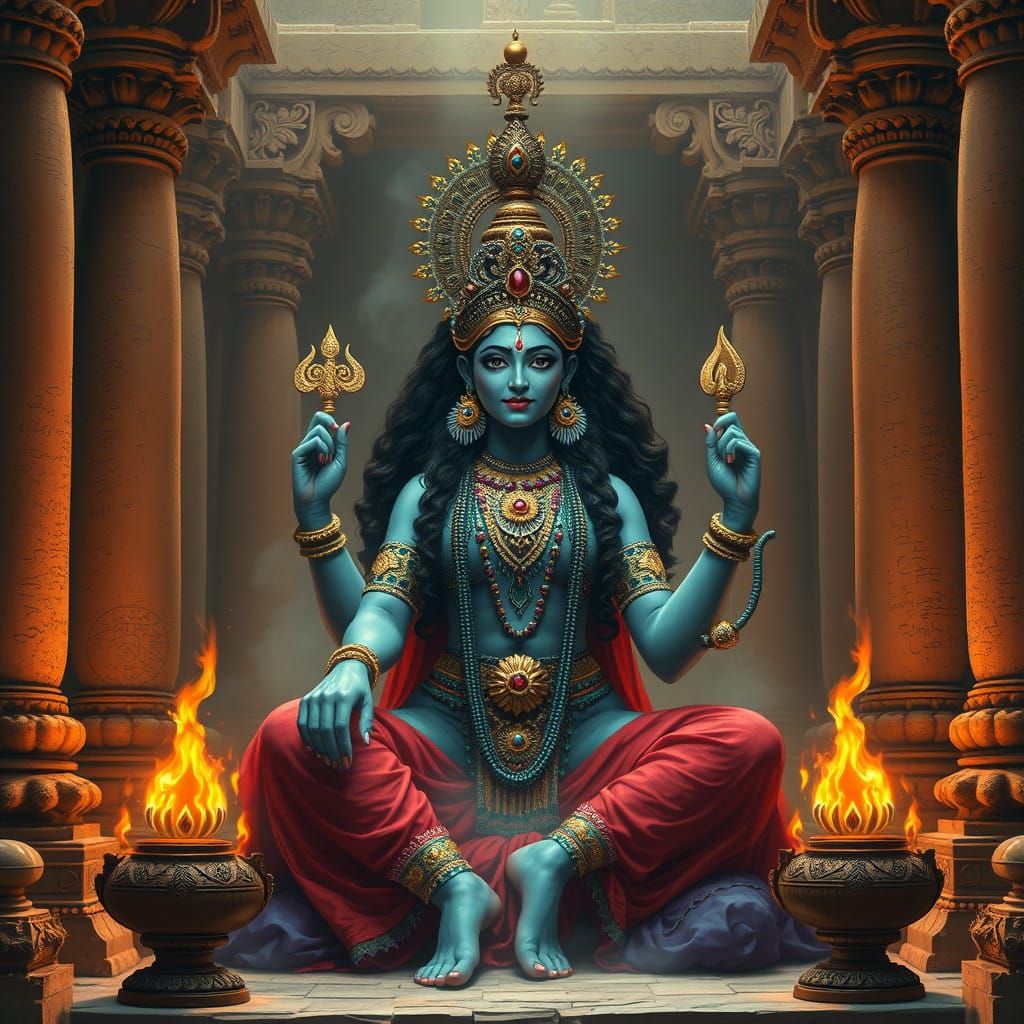 Indian Goddess Kali in Majestic Temple Setting with Golden G...