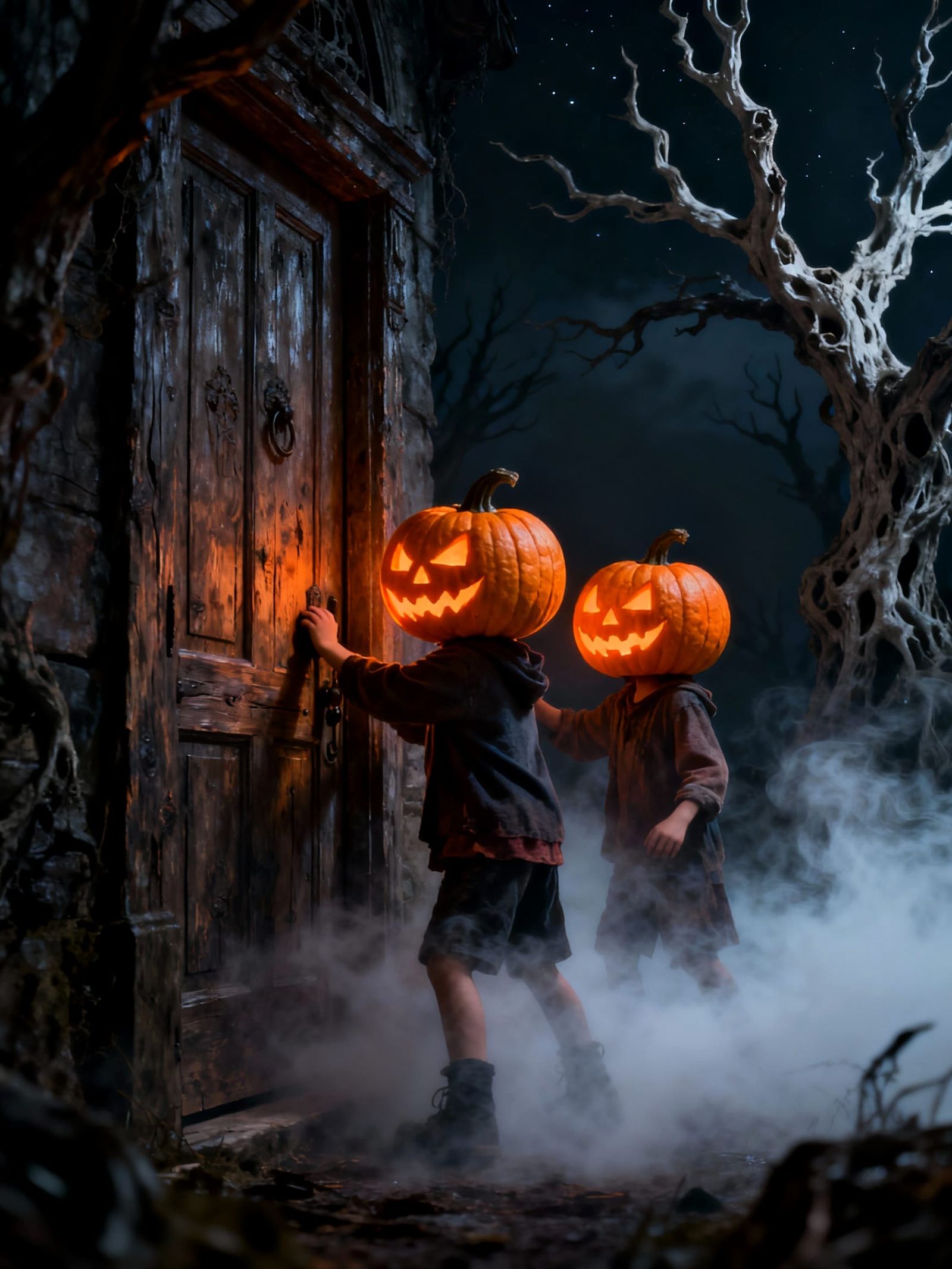 Children With Pumpkin Heads At Eerie Doorway