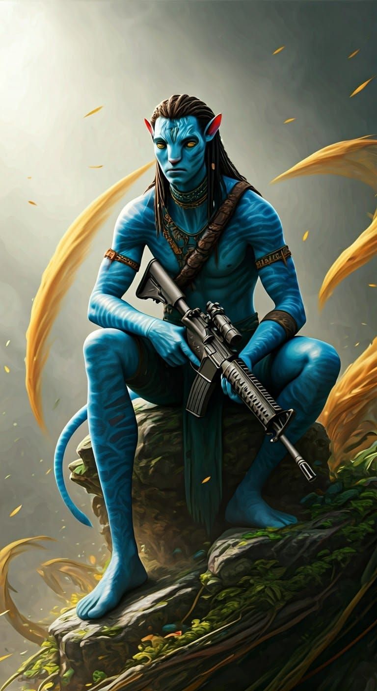 Regal Iridescent Na'vi Warrior in Dystopian Landscape