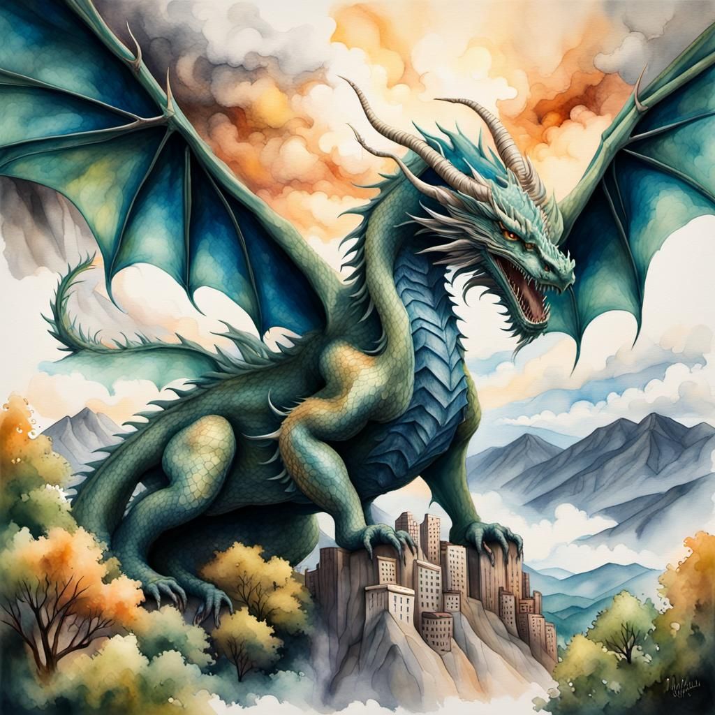 Dragon Soaring Over Mountain Town: Watercolor Art