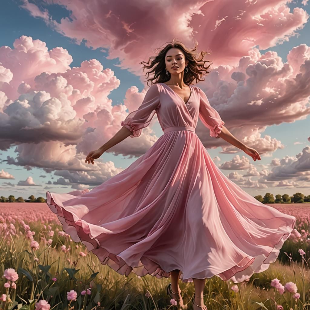 Girl in Pink Dress Twirling in Pink Field