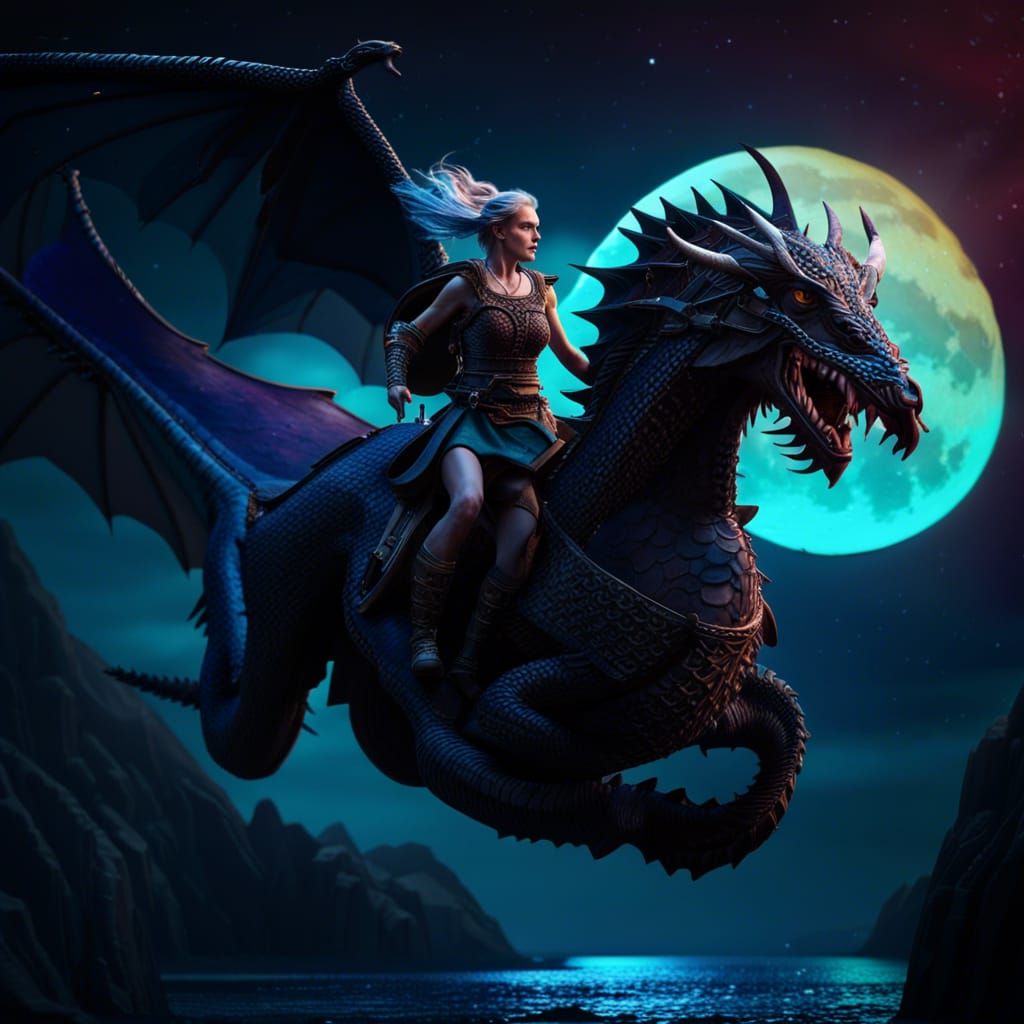 Viking Woman on Dragon, Hyperrealistic Fantasy Art