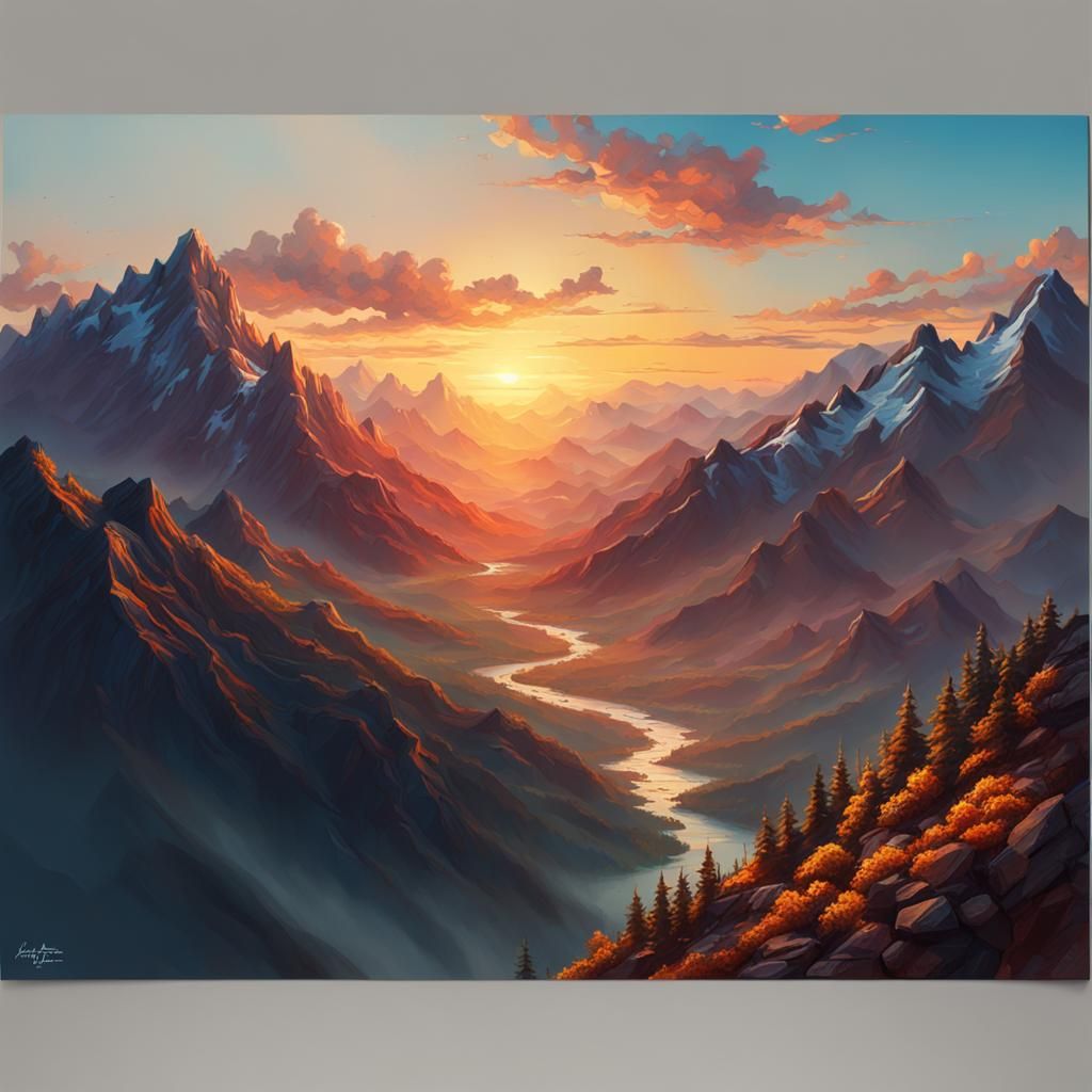 Hyperrealistic Sunrise over Mountains Concept Art