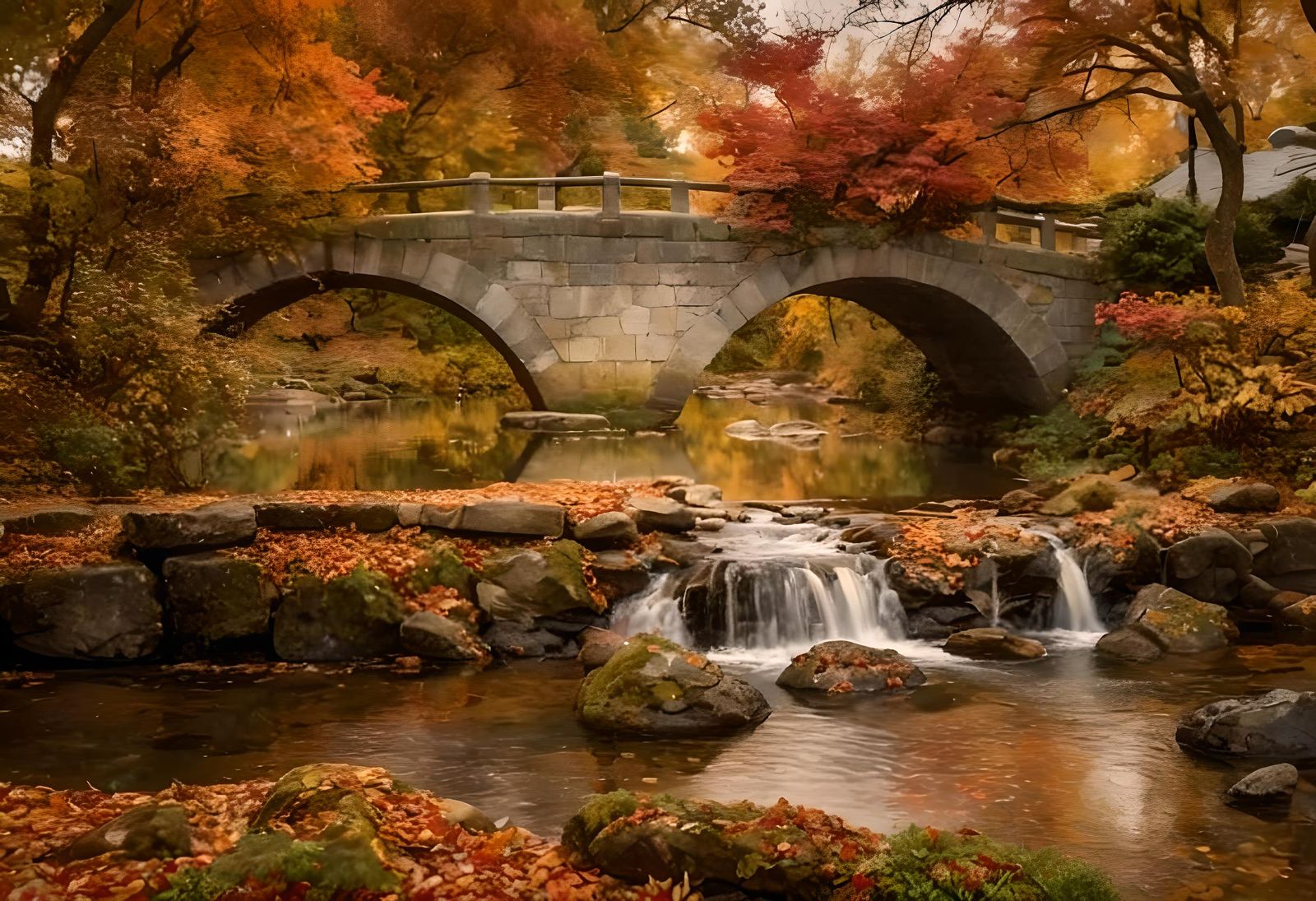 Picturesque Autumn Landscape with Stone Arch Bridge