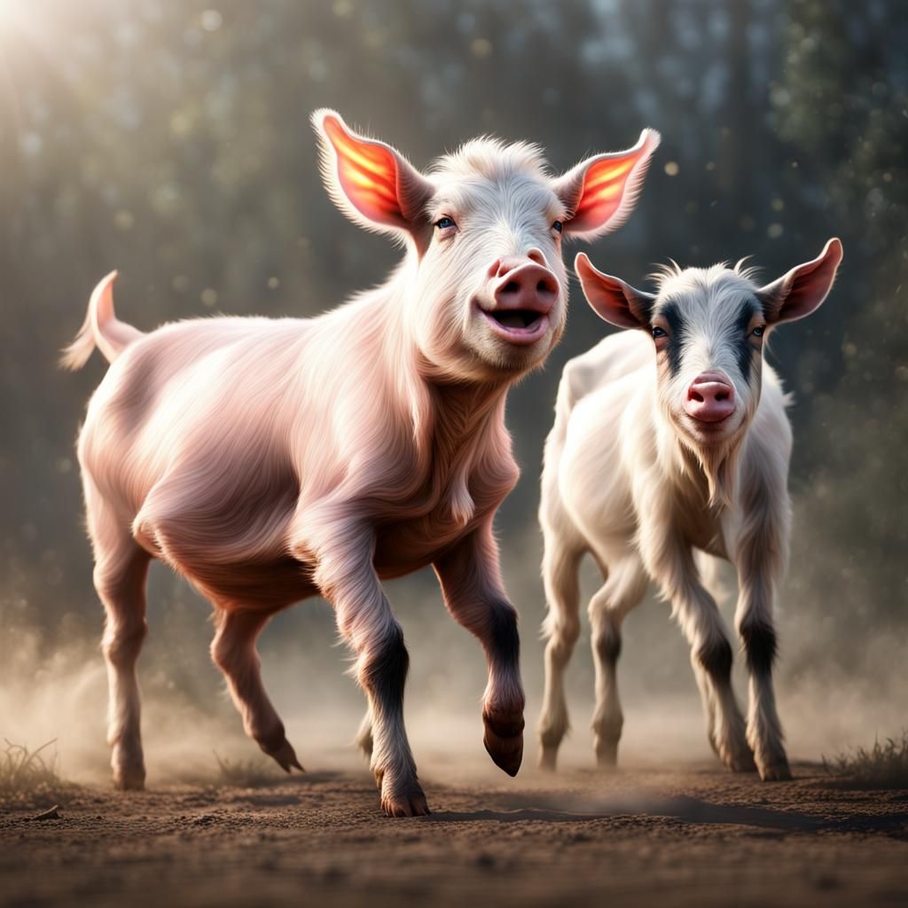 Frisky Pig and Goat Prancing: Hyperrealistic Wide-Angle Phot...