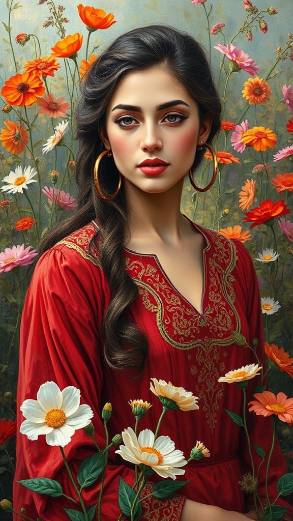 Iranian Woman in Flower Garden, Vibrant Oil Painting