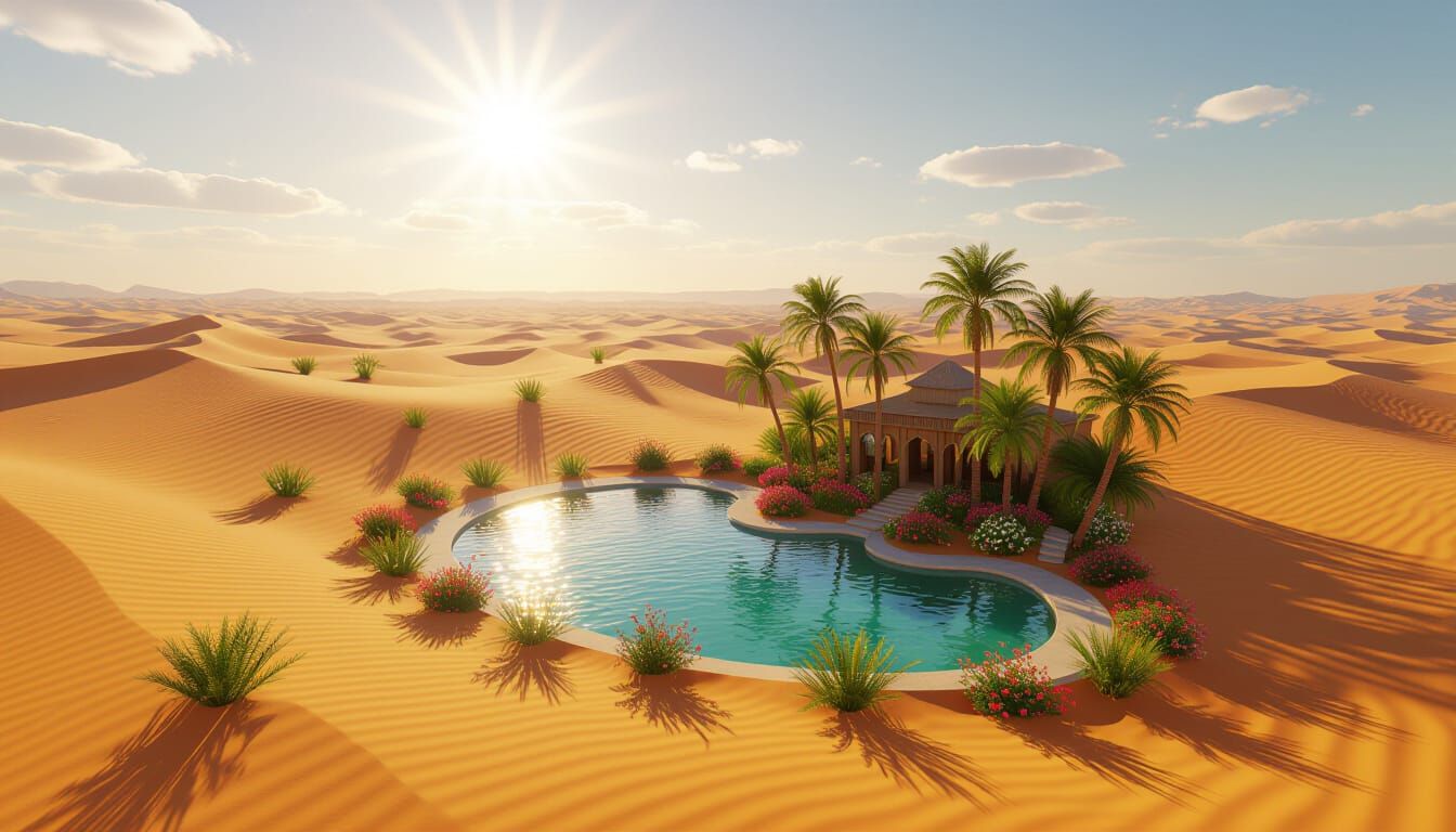 Hyperrealistic Desert Oasis Under Blazing Sun