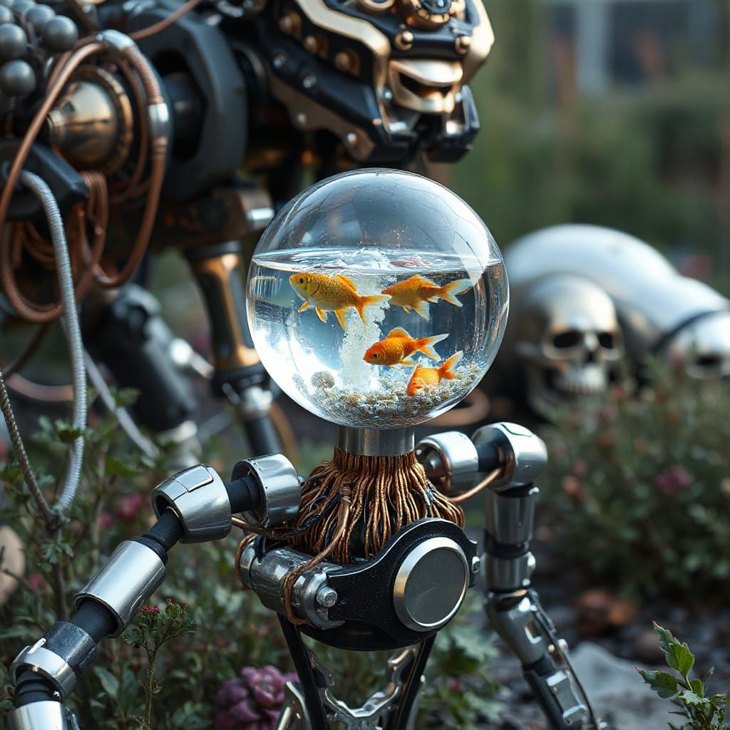 Futuristic Robot with Aquatic Glass Head in Ethereal Garden