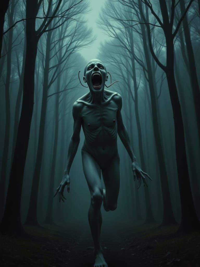 Eerie Pale Figure Screaming in Dark Woods
