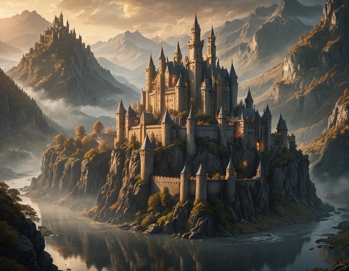 Majestic Medieval Castle at Dawn: Fantasy Concept Art