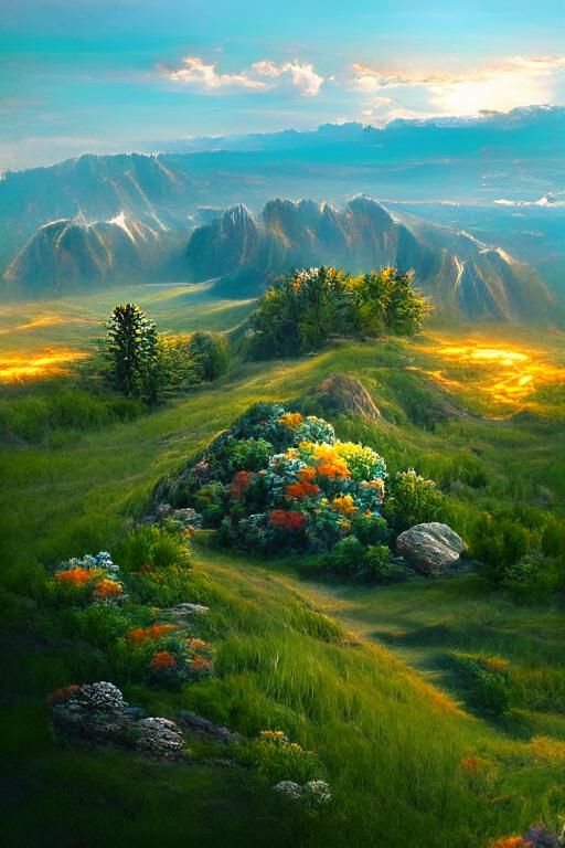 Endless Prairie Vista with Wildflowers and Distant Mountains