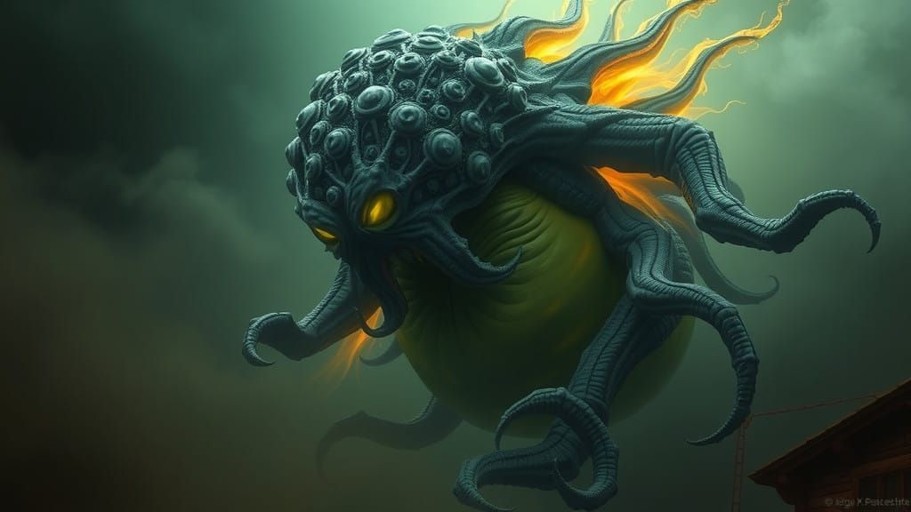 Dark Fantasy Monstrosity Emerging from the Fog in Cyberpunk...