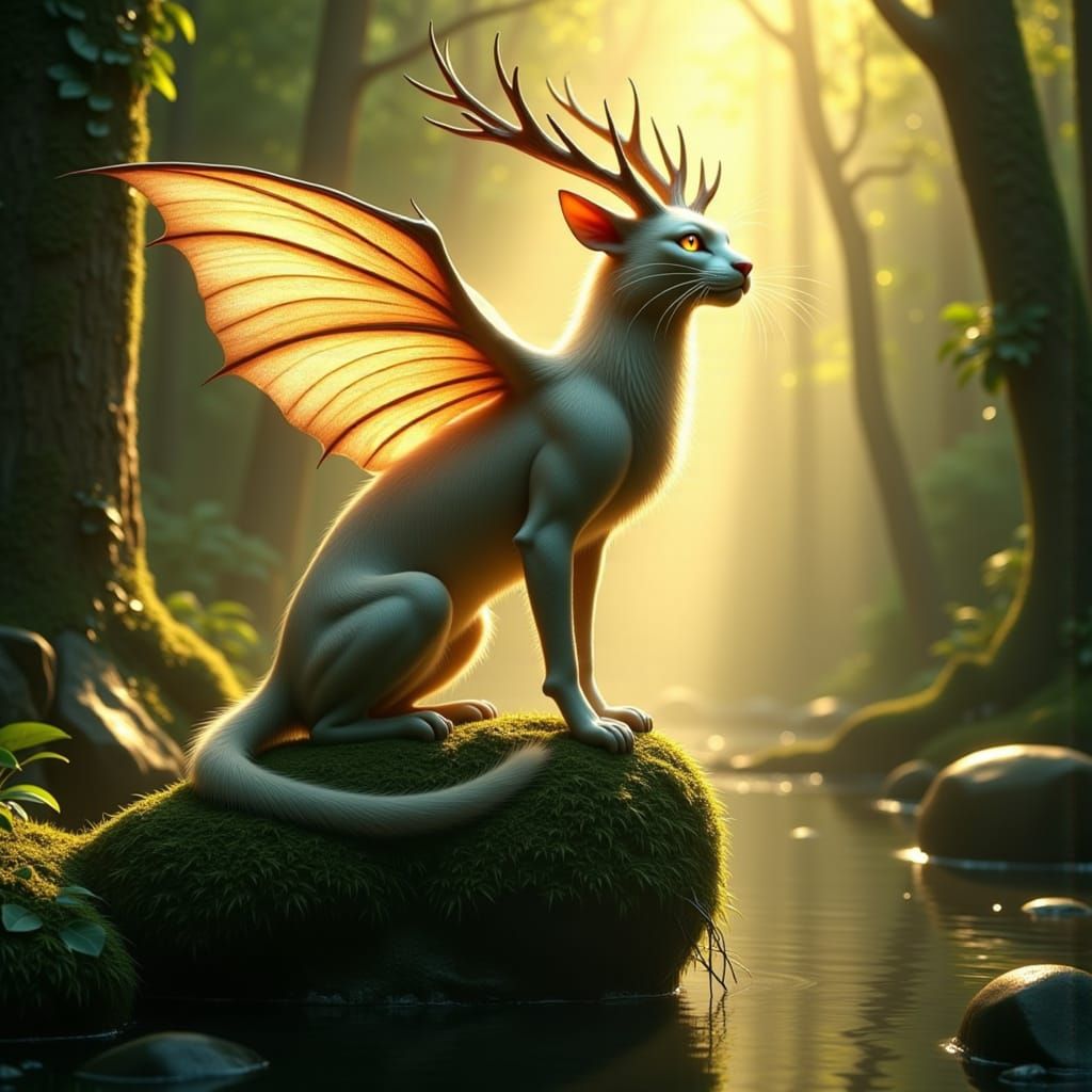 Mystical Sylar Creature with Antlers and Wings in Forest