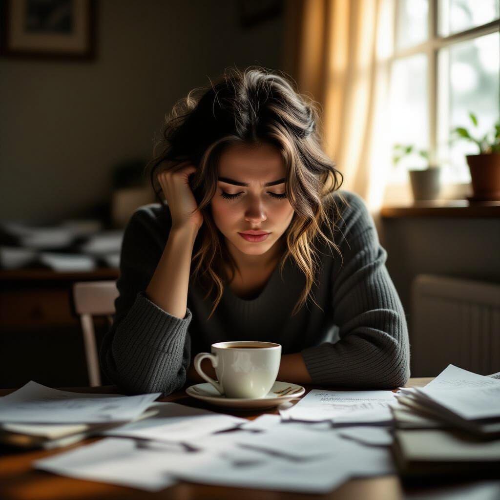 Exhausted Person in Dimly Lit Room, Cinematic Style