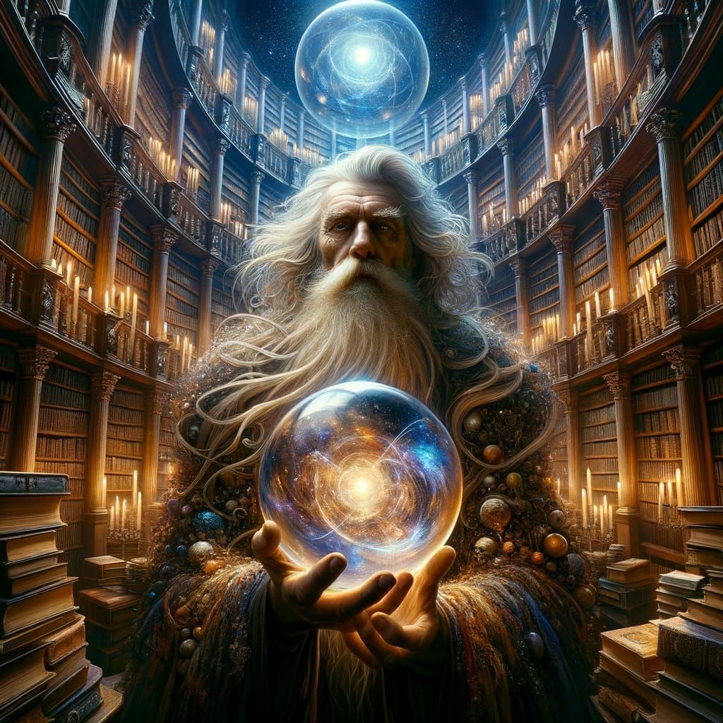 Ethereal Wizard in Grand Crystal Library Amidst Cosmic Voids