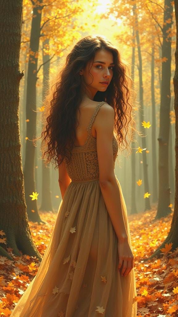 Contemplative Woman in Autumn Forest, Pre-Raphaelite Style