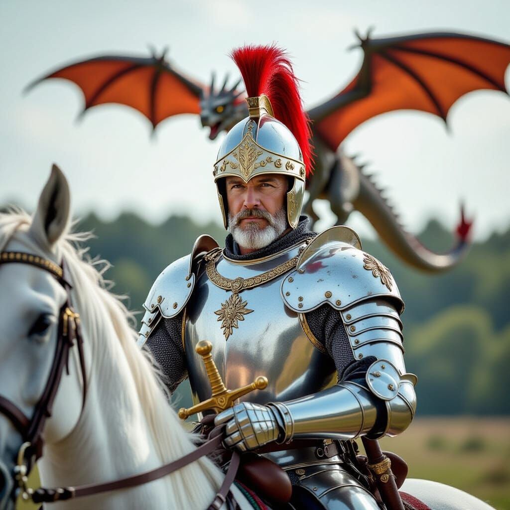 Knight in Shining Armor Rides Majestic Horse with Dragon