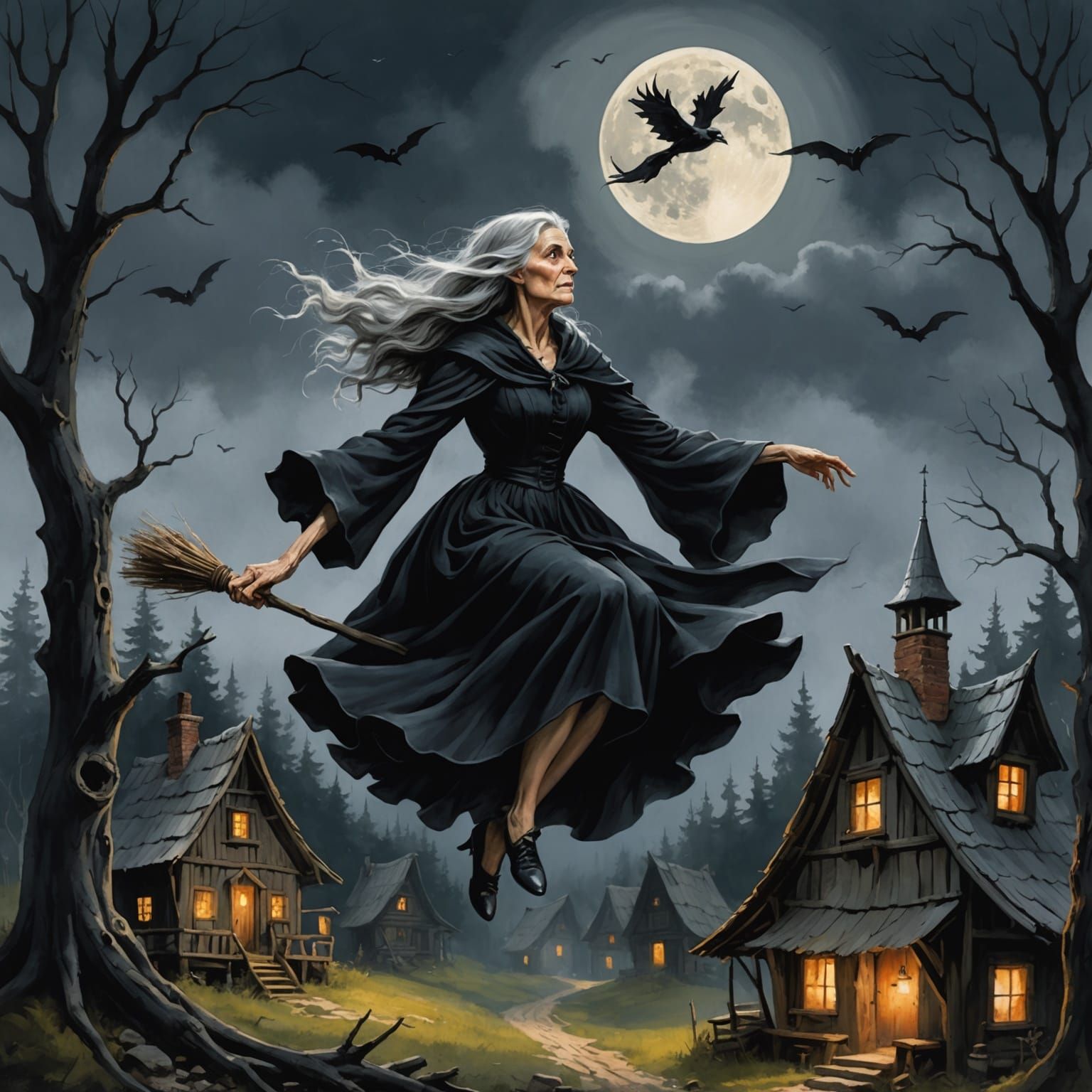Witch Soars Above Village in Magic Realism Style