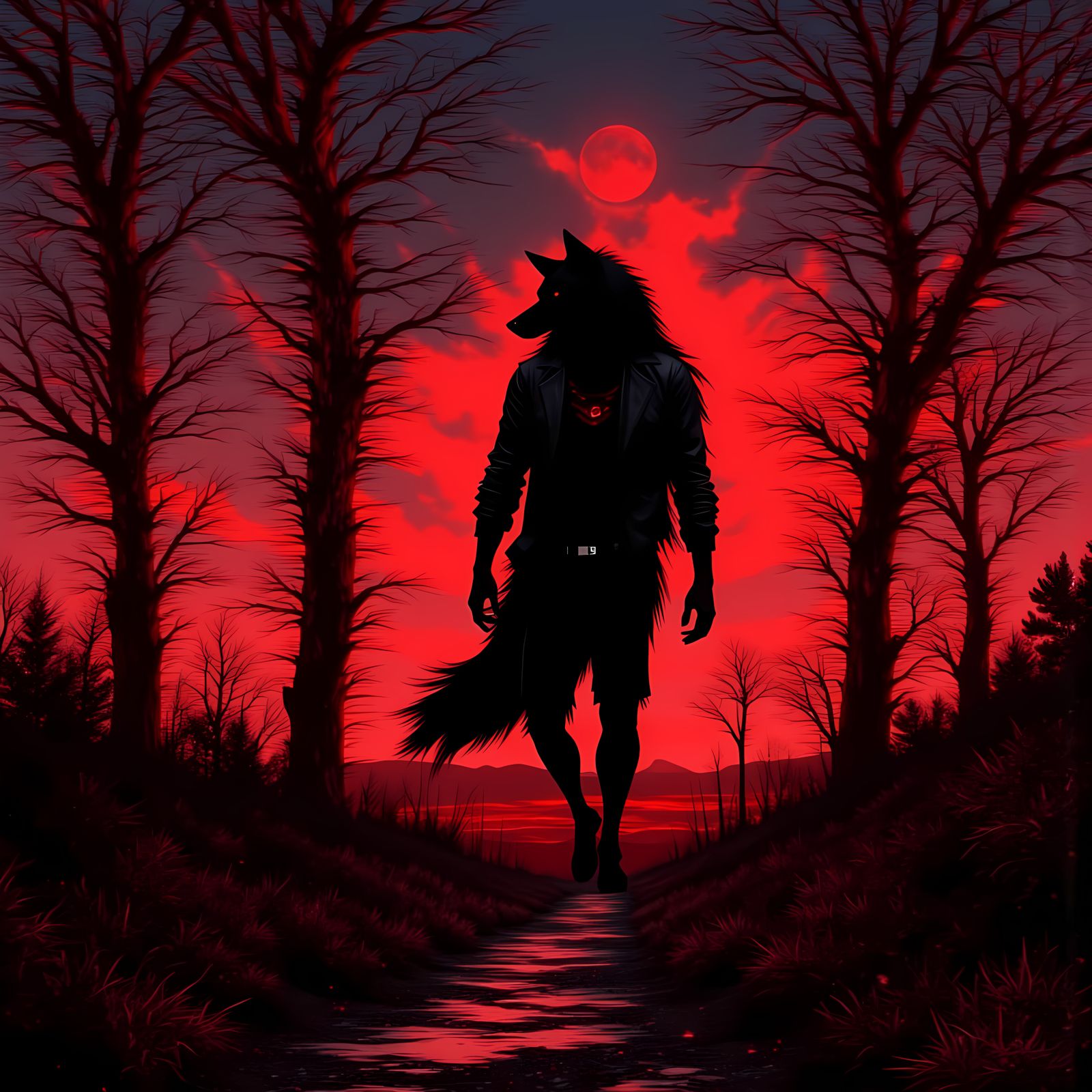 Post-Apocalyptic Werewolf Under Glitching Red VHS Moonlight