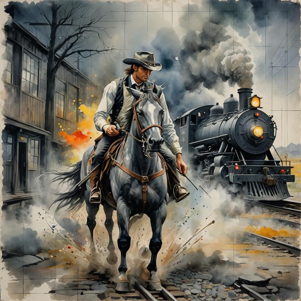 Gunslinger Outlaws Robbing Train in Surreal Watercolor