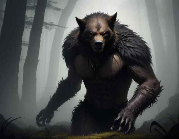 Muscular Werewolf in Forest, Photorealistic Digital Art