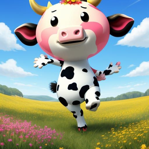 Anthropomorphic Cow Dancing in a Flower Meadow