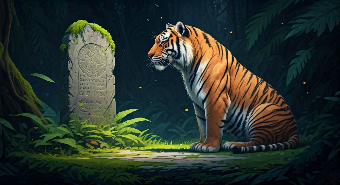 Tiger Beside Ancient Tablet in Twilight Jungle