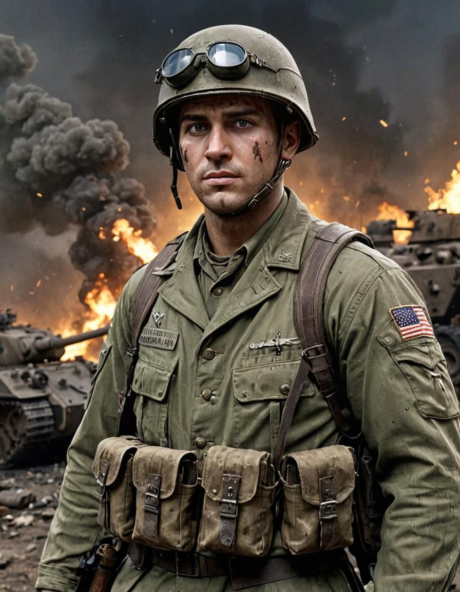 Futuristic Soldier in WWII Battlefield, 3D Render