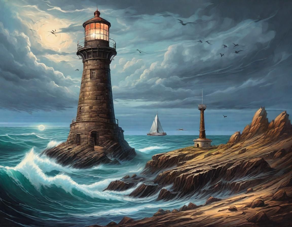Lighthouse and Windmill: Oil Painting by Brooks and Mumford