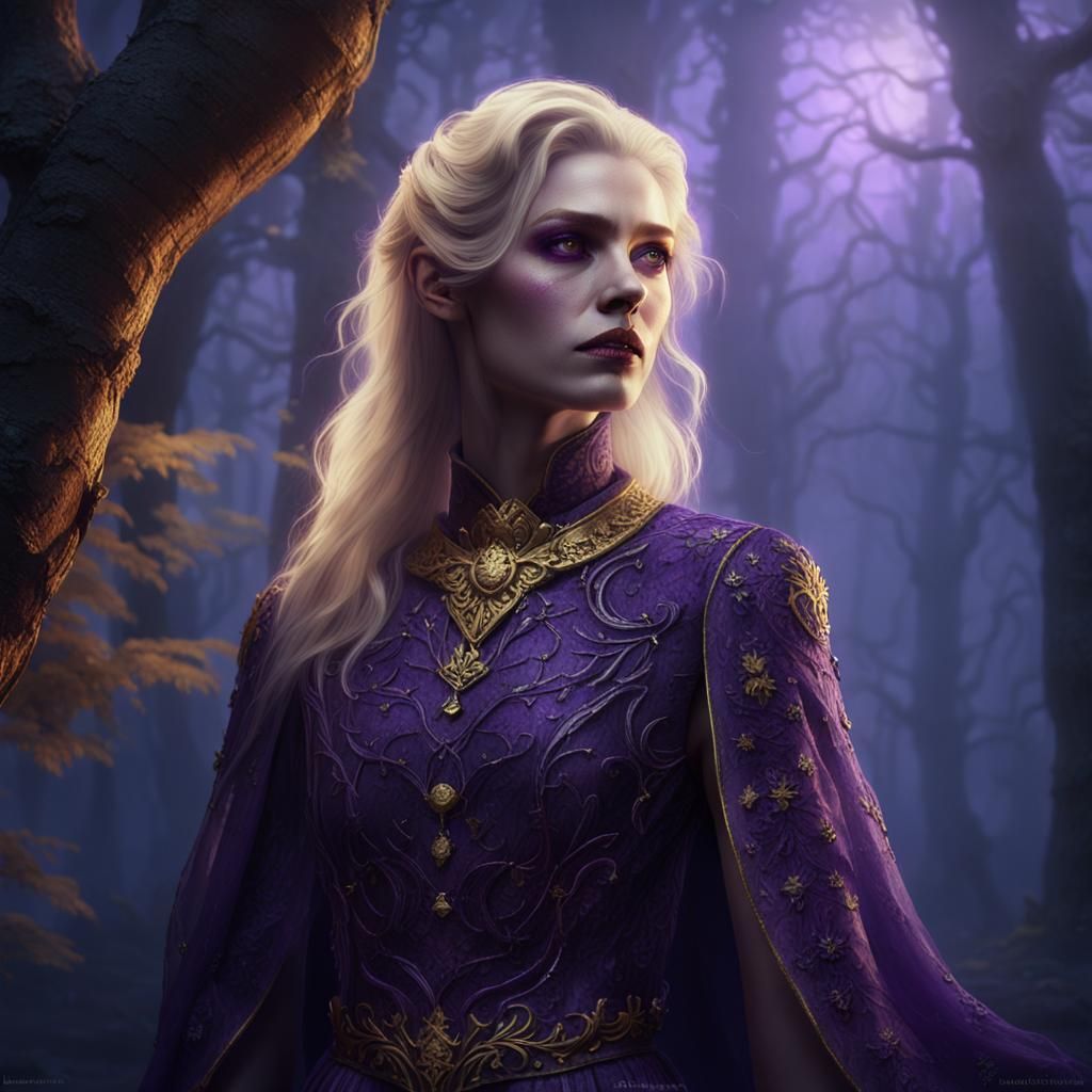 Eerie Blonde Vampire in Mist-Shrouded Forest