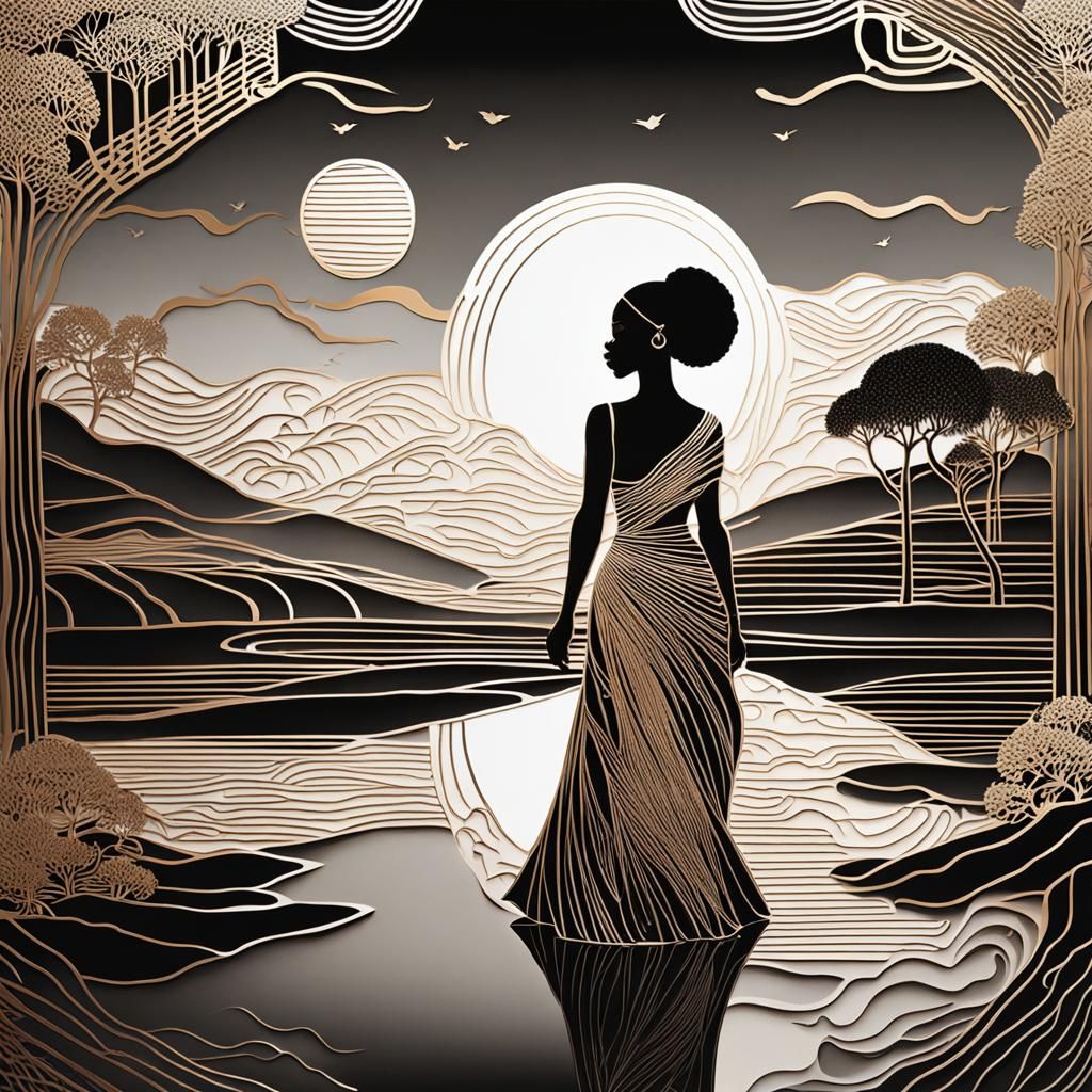 Elegant Woman Walking: Metallic Line Art Landscape