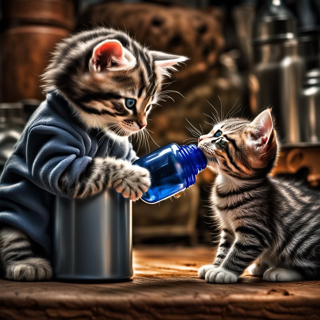 Kitten Bottle-Feeding in Hyperrealistic Style