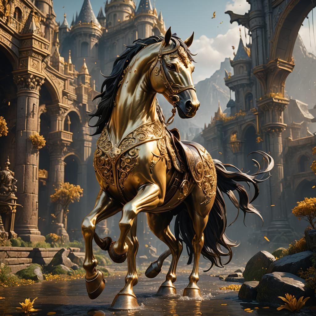 Golden Horse Concept Art in Detailed Matte Painting Style