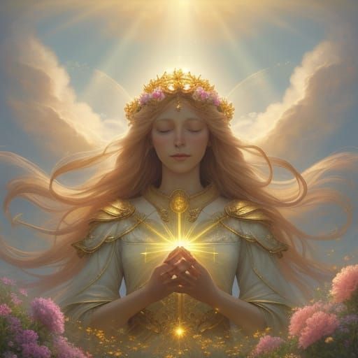 Divine Goddess Surrounded by Flowers in Ethereal Glow