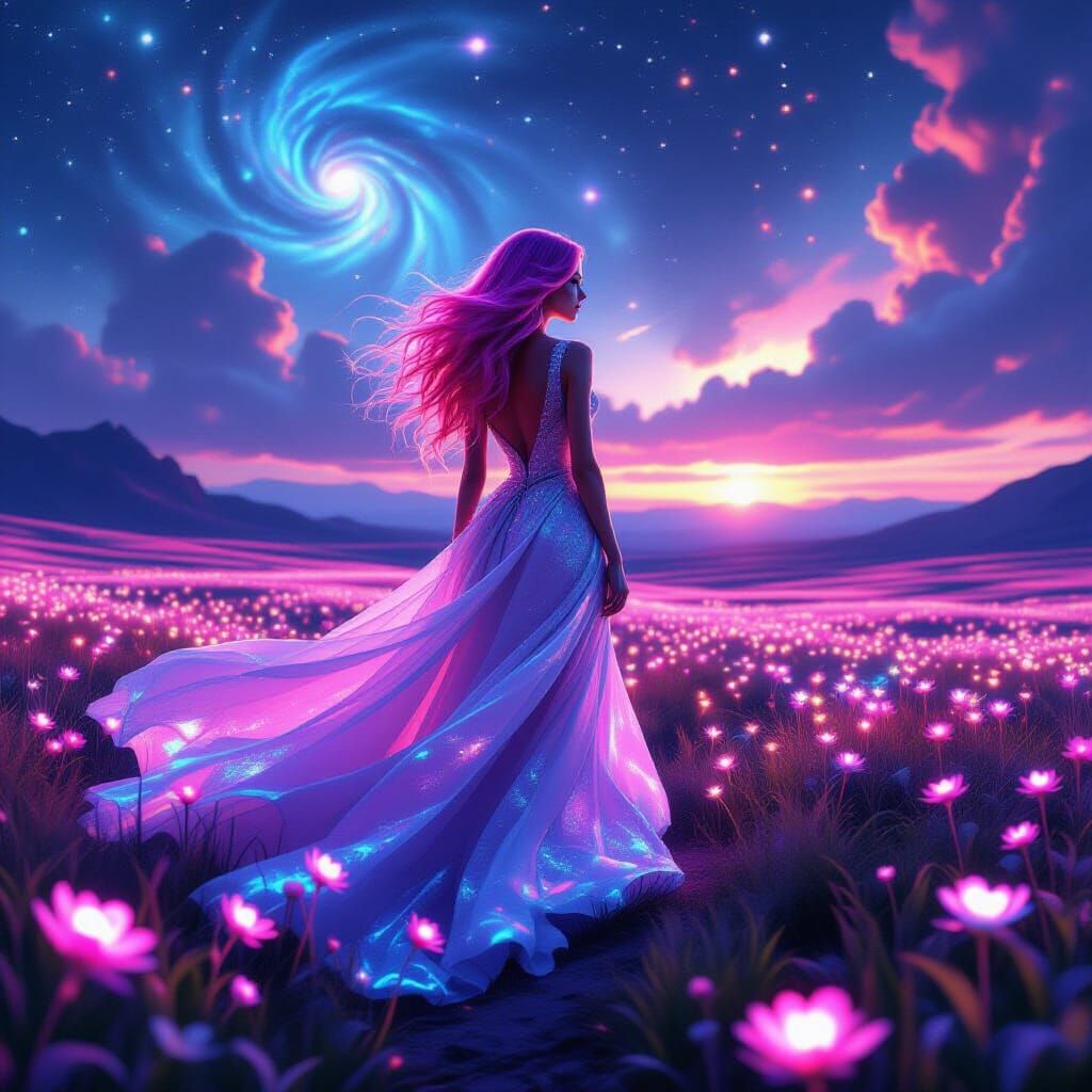 Woman with Neon Hair in Bioluminescent Alien Field