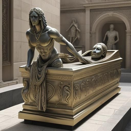 Man Lifting a Statue of a Woman in Ancient Egyptian Style