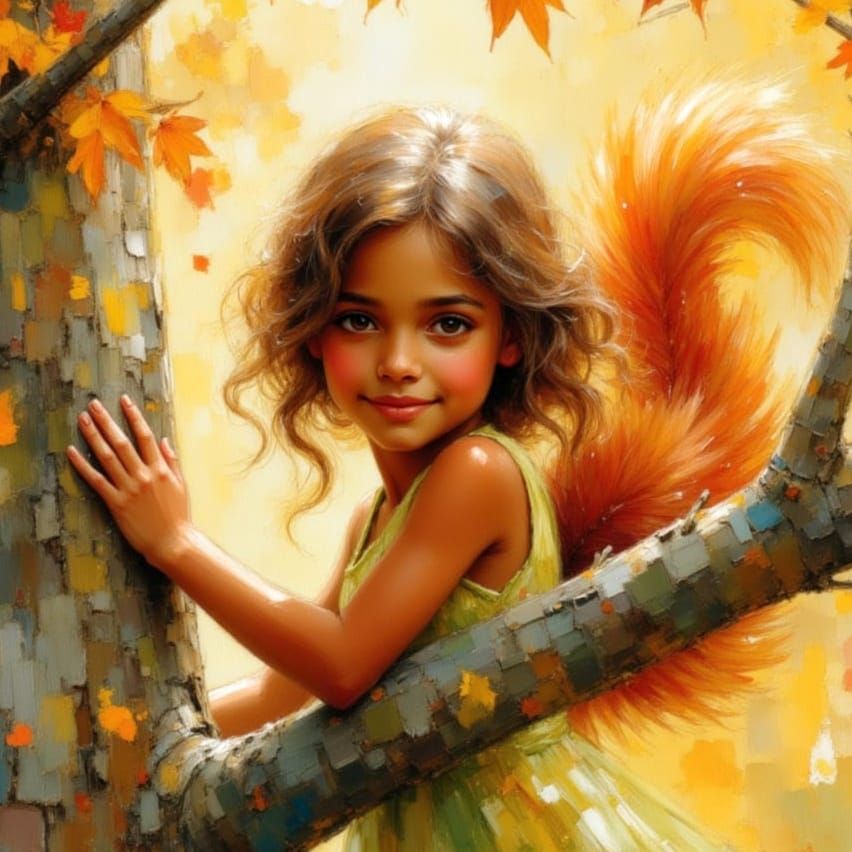 Squirrel and Girl in Dreamy Impasto Watercolor