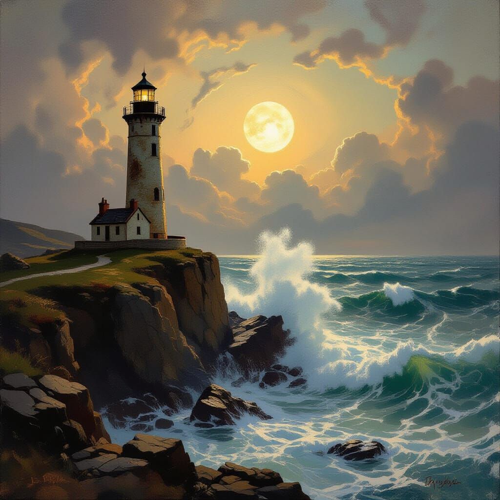 Ancient Lighthouse on Jagged Cliff in Moonlit Storm