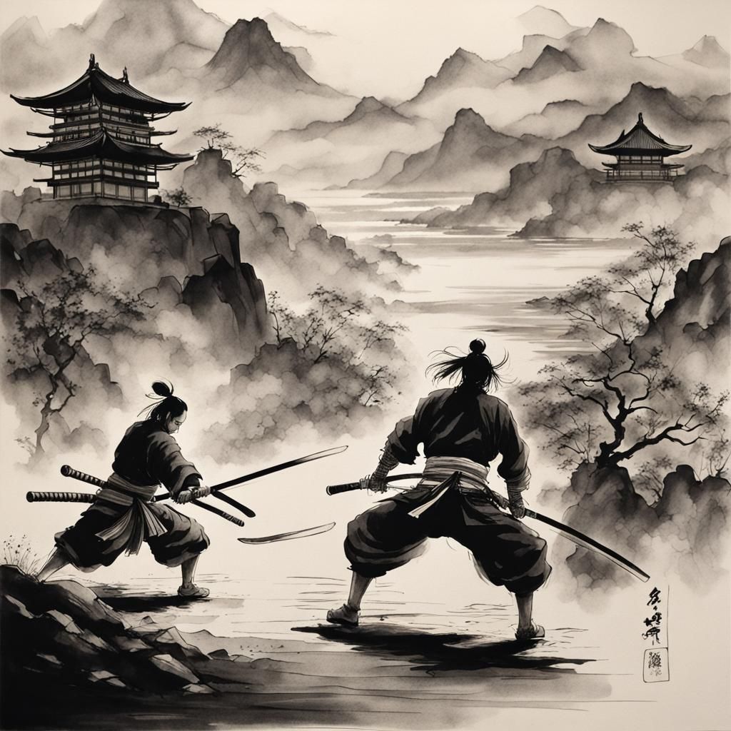 Samurai Battle in Japanese Ink Drawing Style