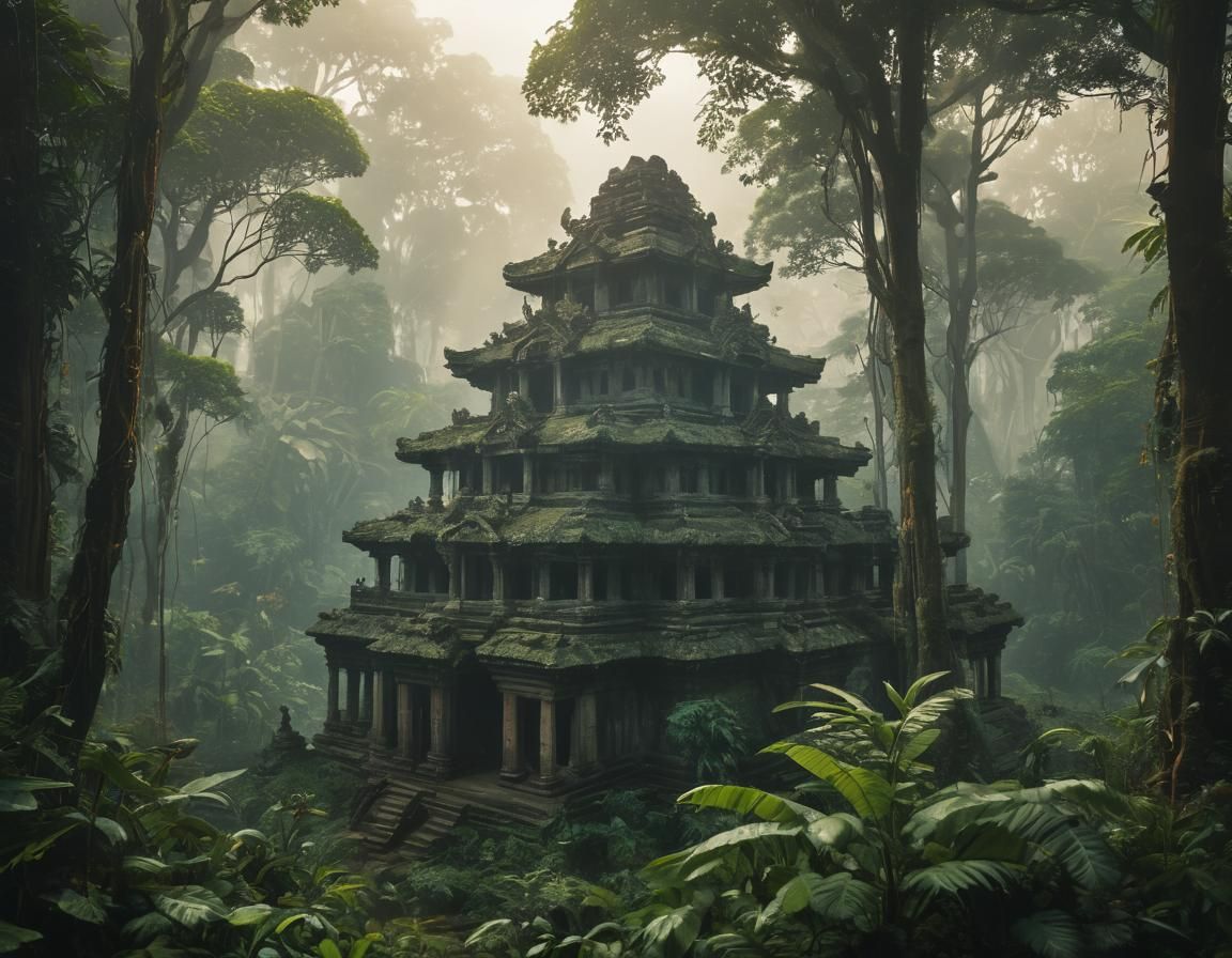 Rainforest Temple in Morning Light: 3D Anime Art